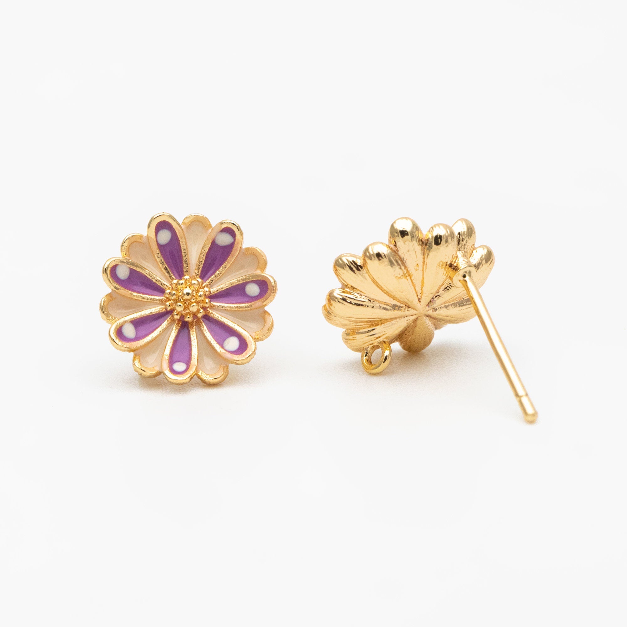 10pcs Gold Enamel Flower Ear Posts 11mm, Gold Plated Brass Stud Earrings, DIY Ear Findings (GB-3948)